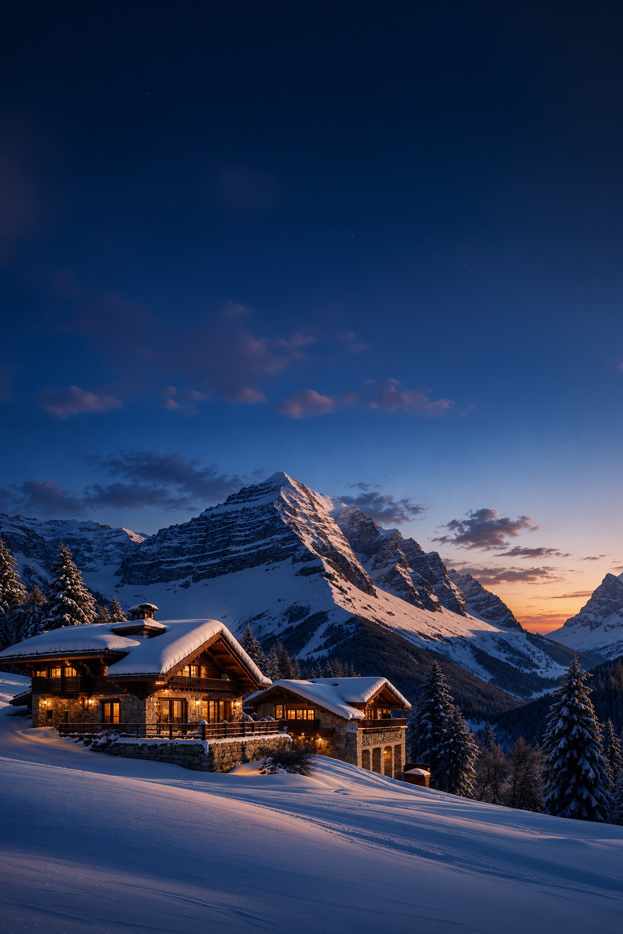 Chalet de luxe dans les Alpes françaises avec vue sur les montagnes enneigées en hiver