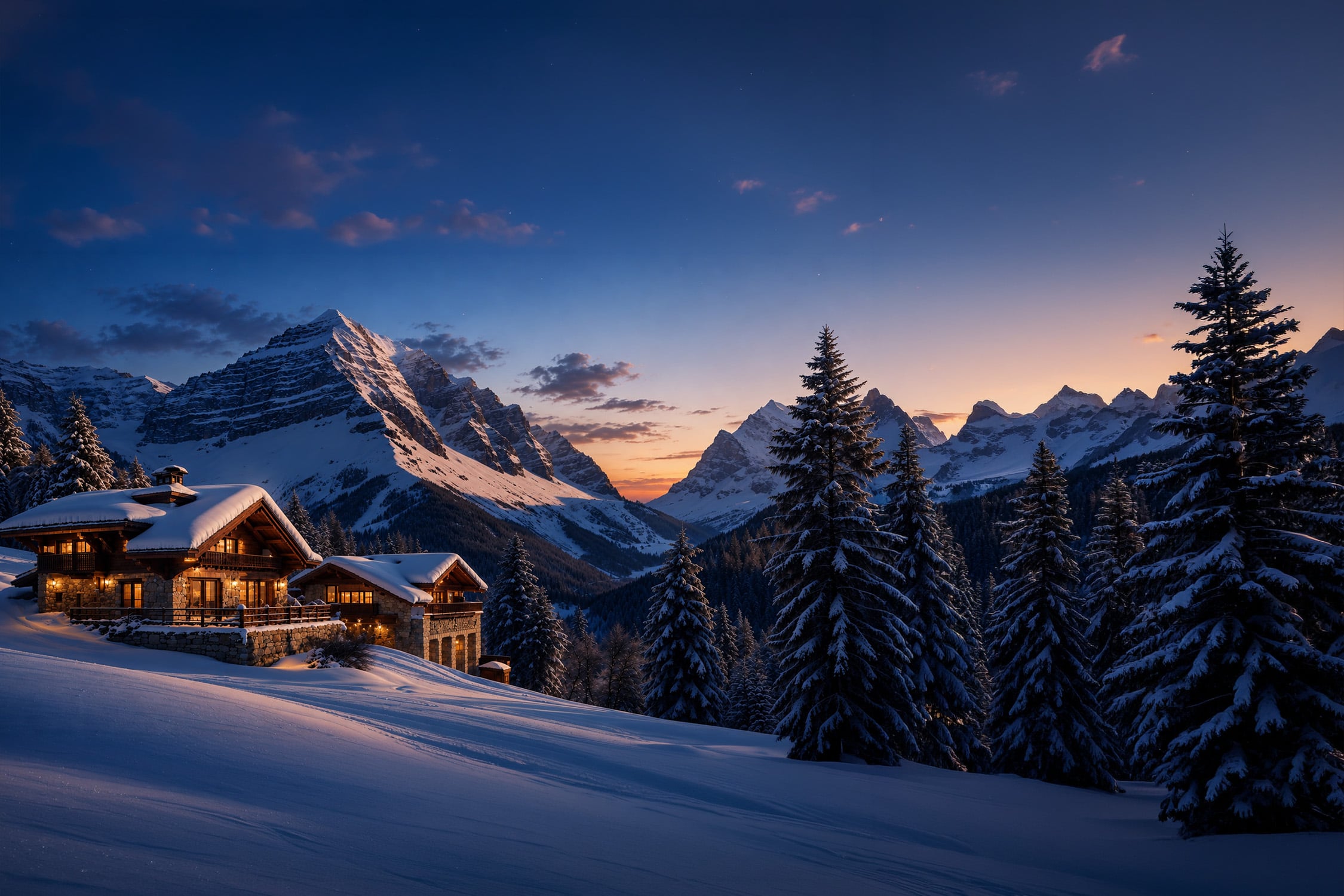 Chalet de luxe dans les Alpes françaises avec vue sur les montagnes enneigées en hiver