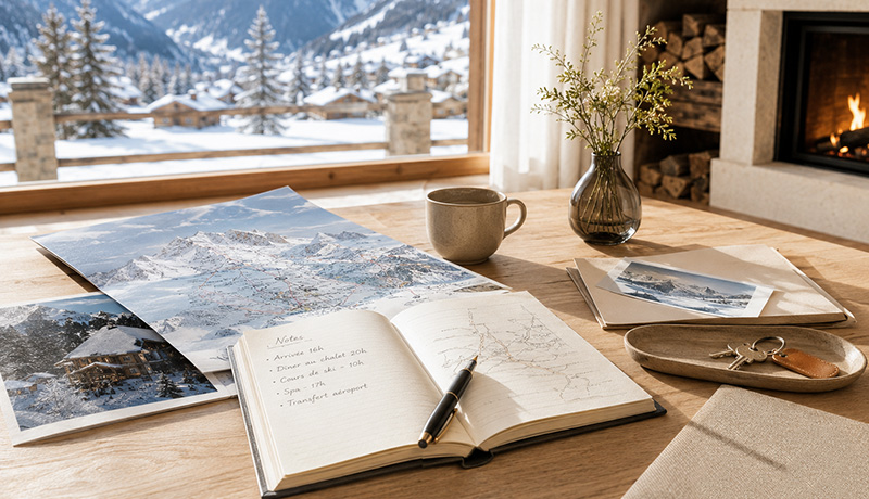Préparation d’un séjour en chalet de luxe dans les Alpes françaises avec carte, carnet de notes et vue sur les montagnes enneigées