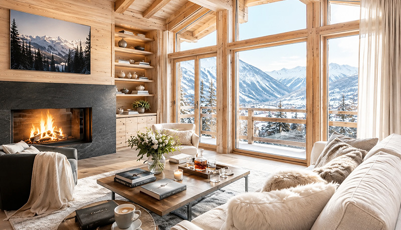 Salon chaleureux d’un chalet de luxe privé dans les Alpes françaises avec cheminée, vue montagne et atmosphère intimiste